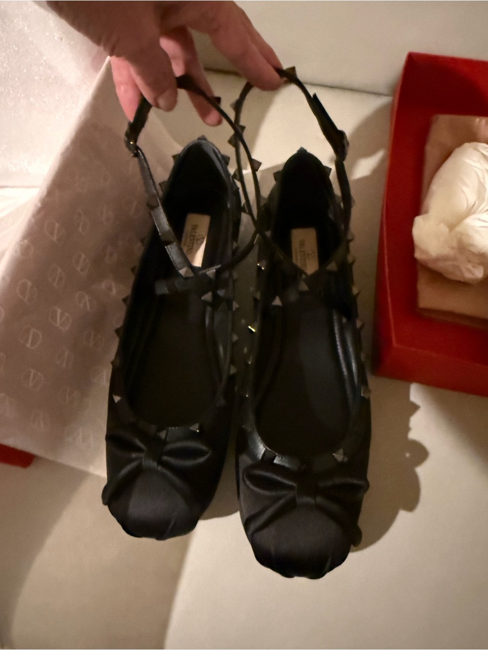 Valentino Garavani Black Studded Bow Flats with Ankle Straps